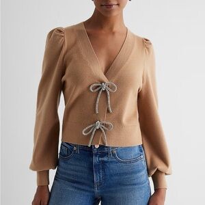 Express Camel Sweater with Rhinestone Bows